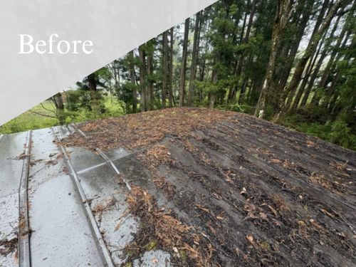 上水内群の屋根塗装施工例｜約18坪の車庫をグリーン系のシリコン樹脂塗料で塗り替えたO様